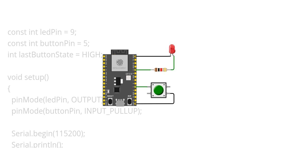 A ESP32-C3 with a button and a led. simulation