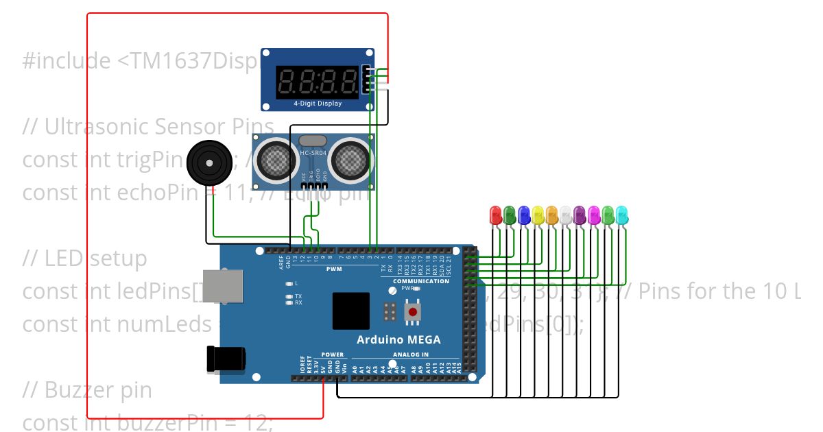 Closer to the sensor more lights light and sound and tells you distance simulation