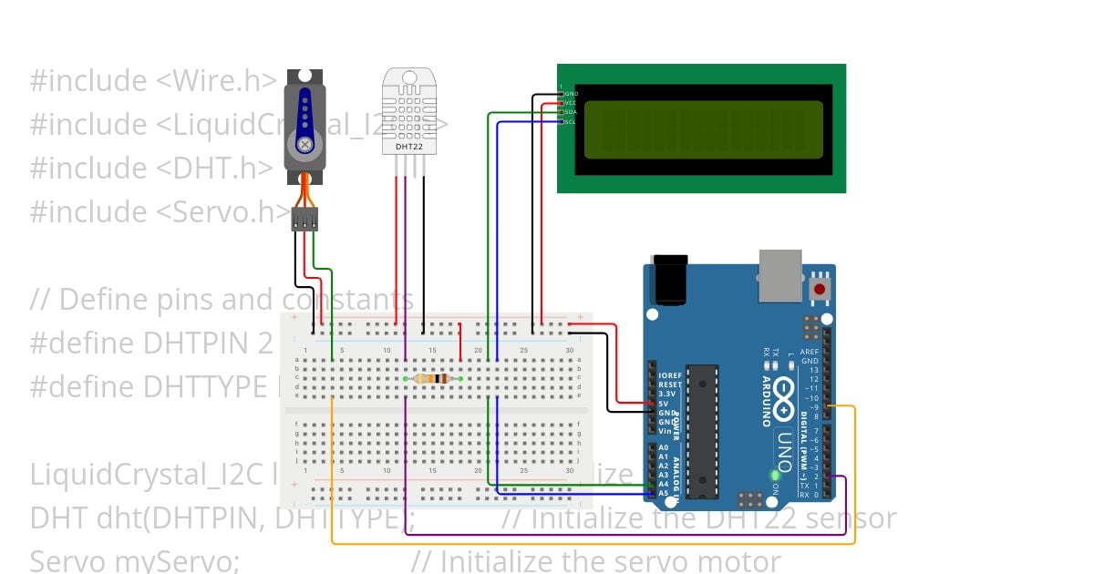 LCD I2C servo DHT22 VarSpeedServo with Arduino Uno R4 simulation