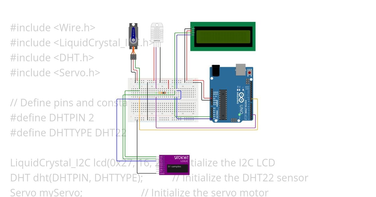 LCD I2C servo DHT22 VarSpeedServo with Arduino Uno R4 Logic Analyzer simulation