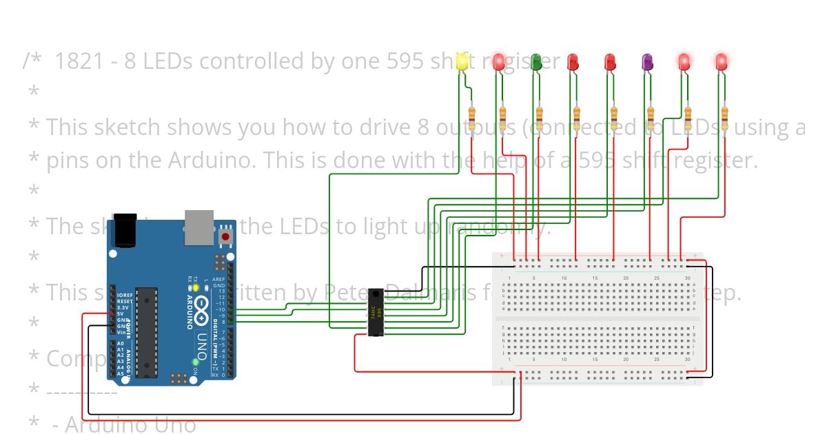 Arduino shift register 8 LEDs simulation