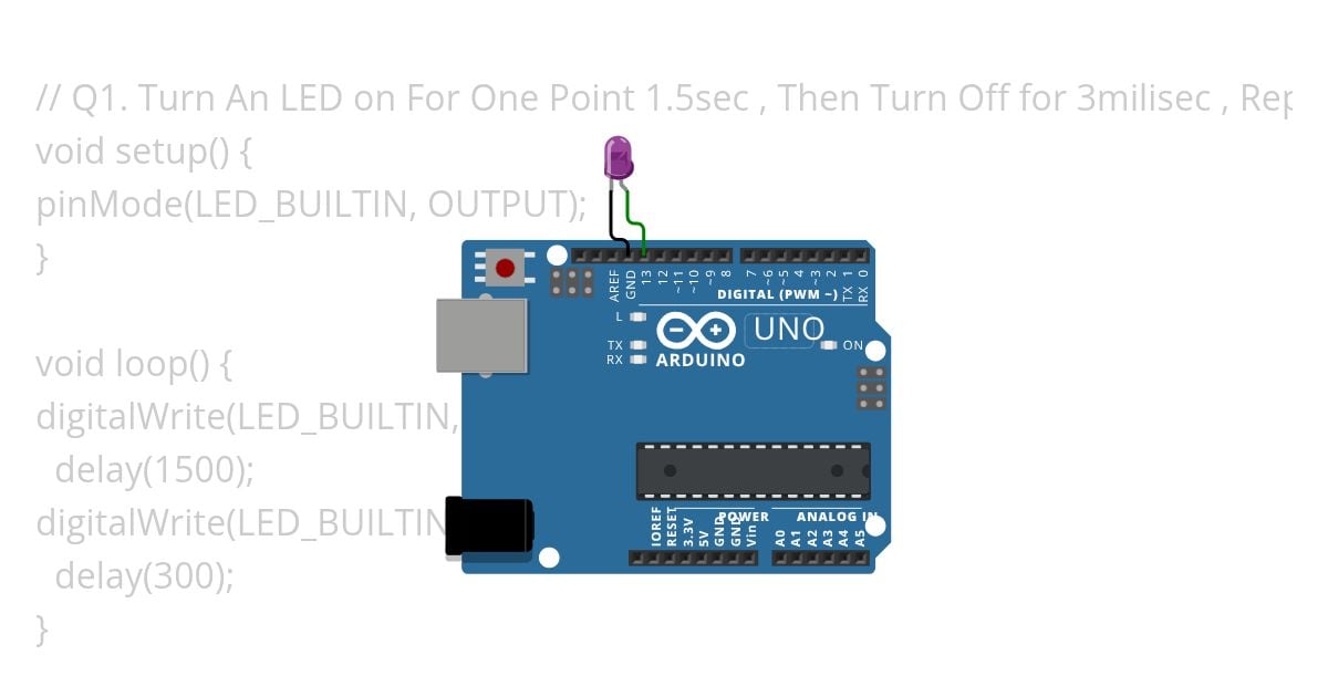 Q1. Turn An Led On for one point five second, Then off for three mini second, Repeatedly. simulation