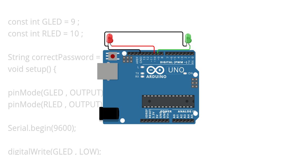 Write a program in Arduino UNO , Enter Password is Wrong or Right by using Red and Green LED. simulation