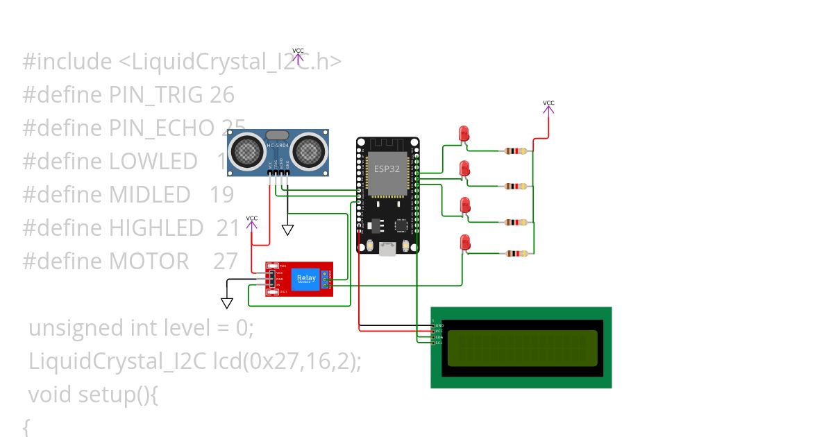 Water level Controller Using Ultrasonic Sensor with ESP32 connected to i2c lcd simulation