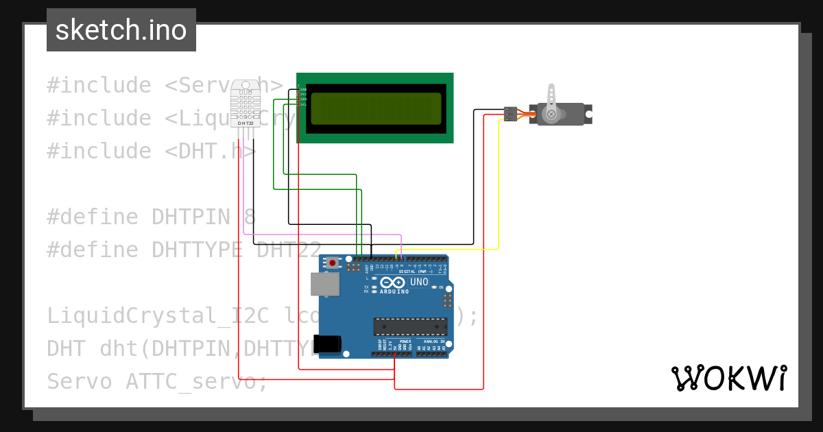 DHT with Servo+LCD - Wokwi ESP32, STM32, Arduino Simulator
