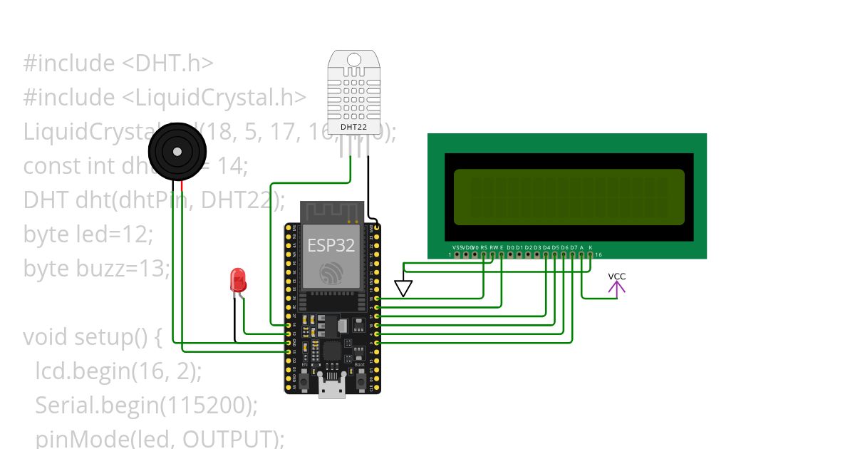 Temp Sensor Buzz LED simulation
