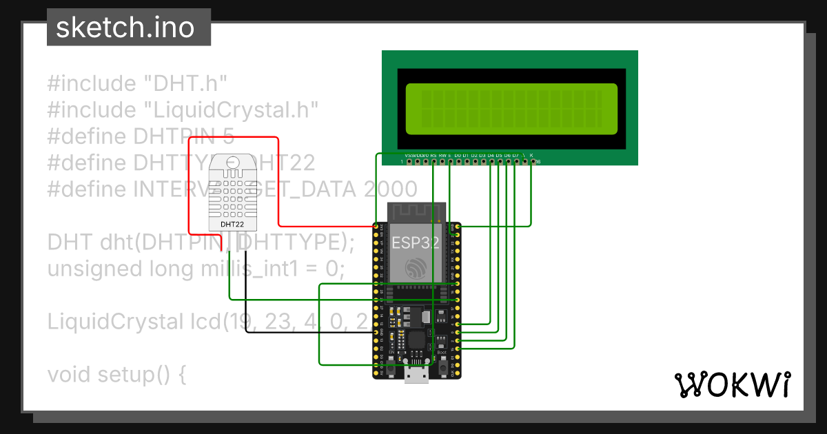 LCD+DHT22 ESP32 C++ - Wokwi ESP32, STM32, Arduino Simulator