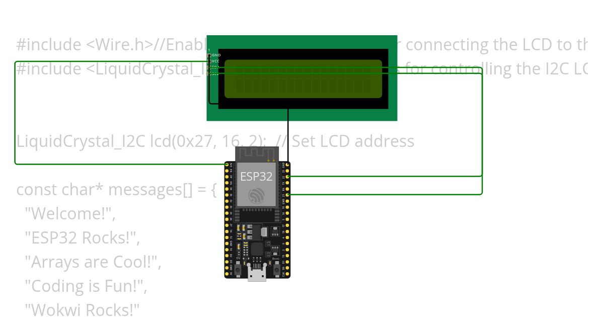 Display different messages stored in an array on the LCD display simulation