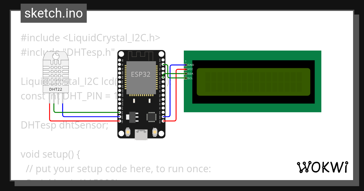 ESP32-DHT22-LCD С++ - Wokwi ESP32, STM32, Arduino Simulator