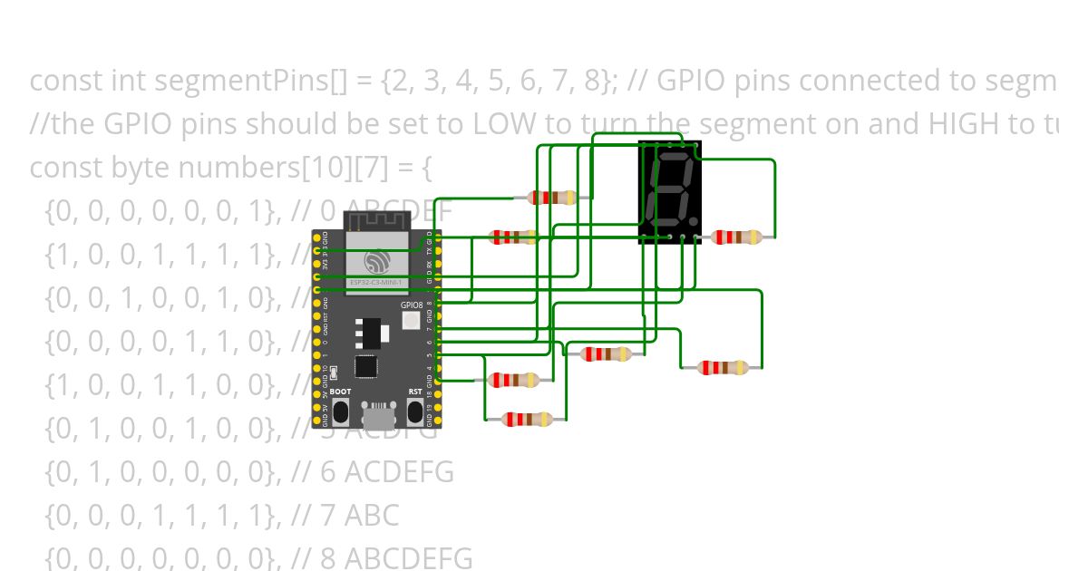 Display numbers from 0 to 9 in a loop using a 7-segment display. simulation