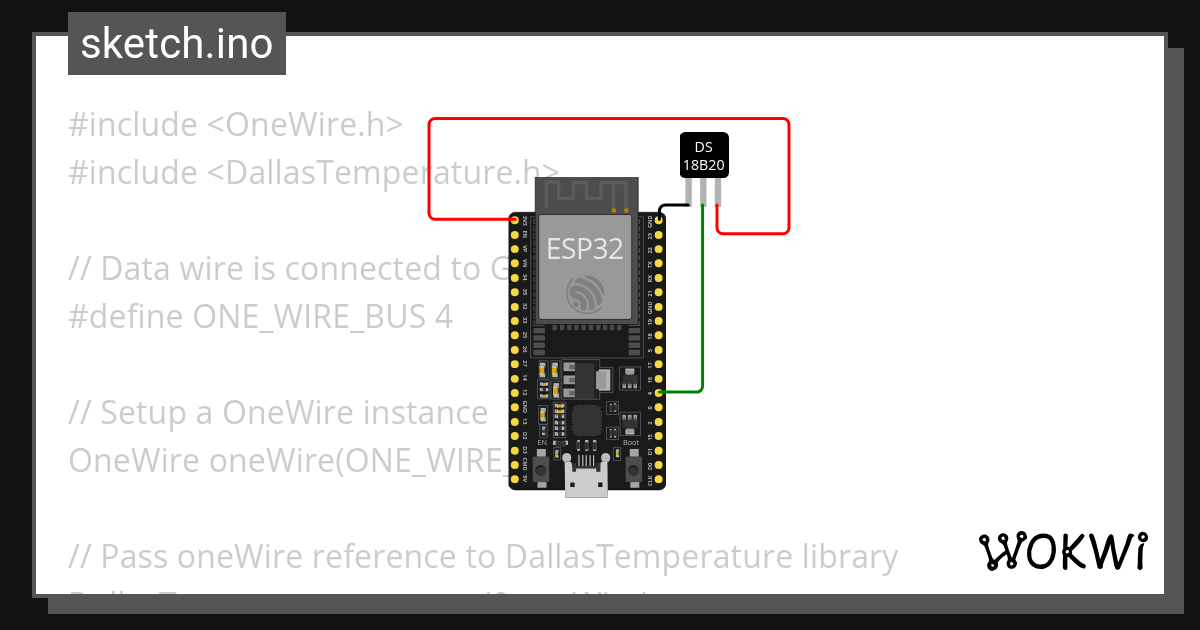 DDS18B20 Temp sensor - Wokwi ESP32, STM32, Arduino Simulator