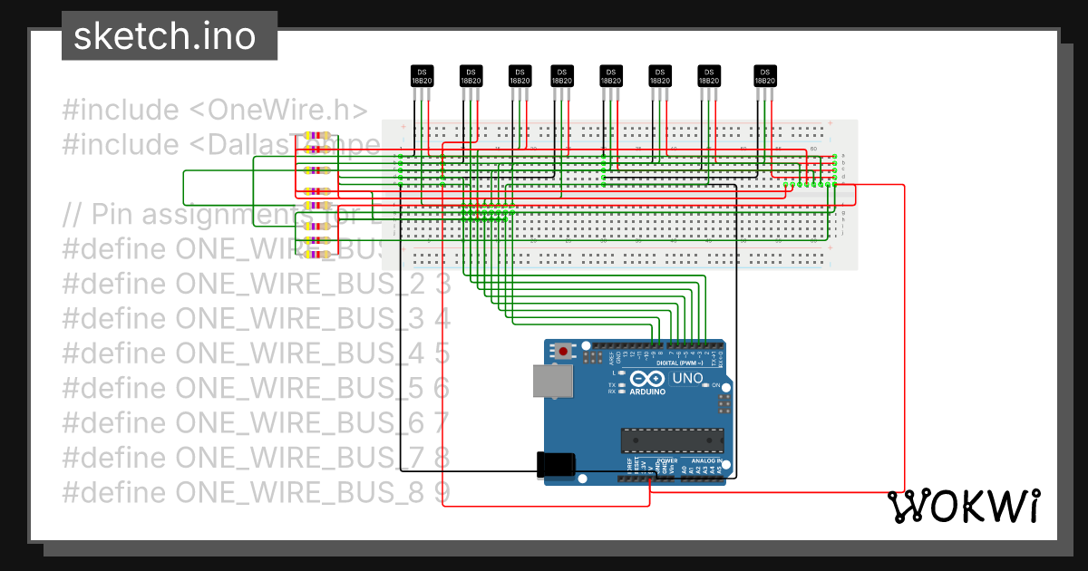 Arduino 8 sensor temp monitoring - Wokwi ESP32, STM32, Arduino Simulator