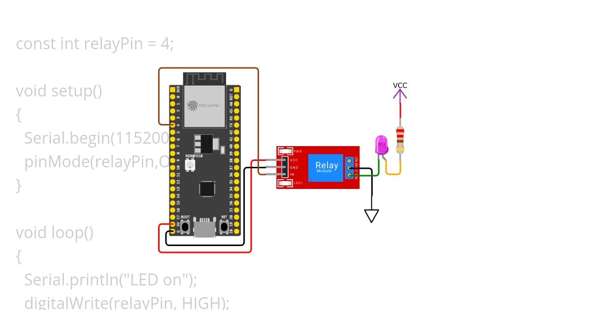 ESP32, relay, COM pin to GND, LED. simulation