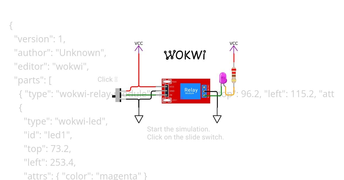 Relay, COM pin to GND, LED. simulation