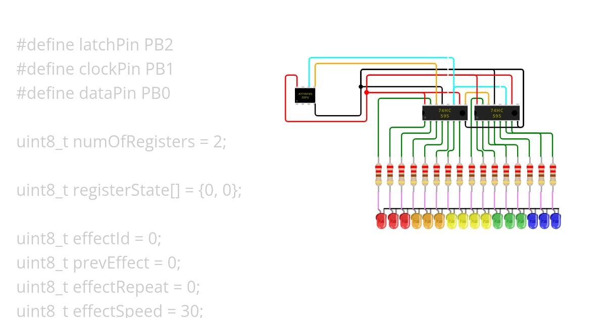 74HC595N 16 Led Show ATTiny85 simulation