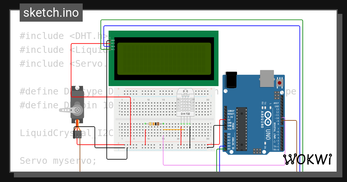 LCD Servo DHT Arduino uno - Wokwi ESP32, STM32, Arduino Simulator