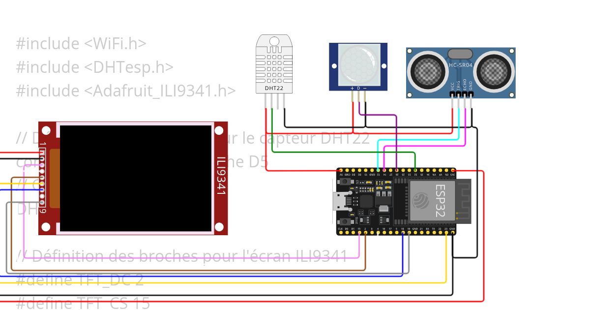 ESP32 +DH22+pir+ultra+ILI9341 simulation