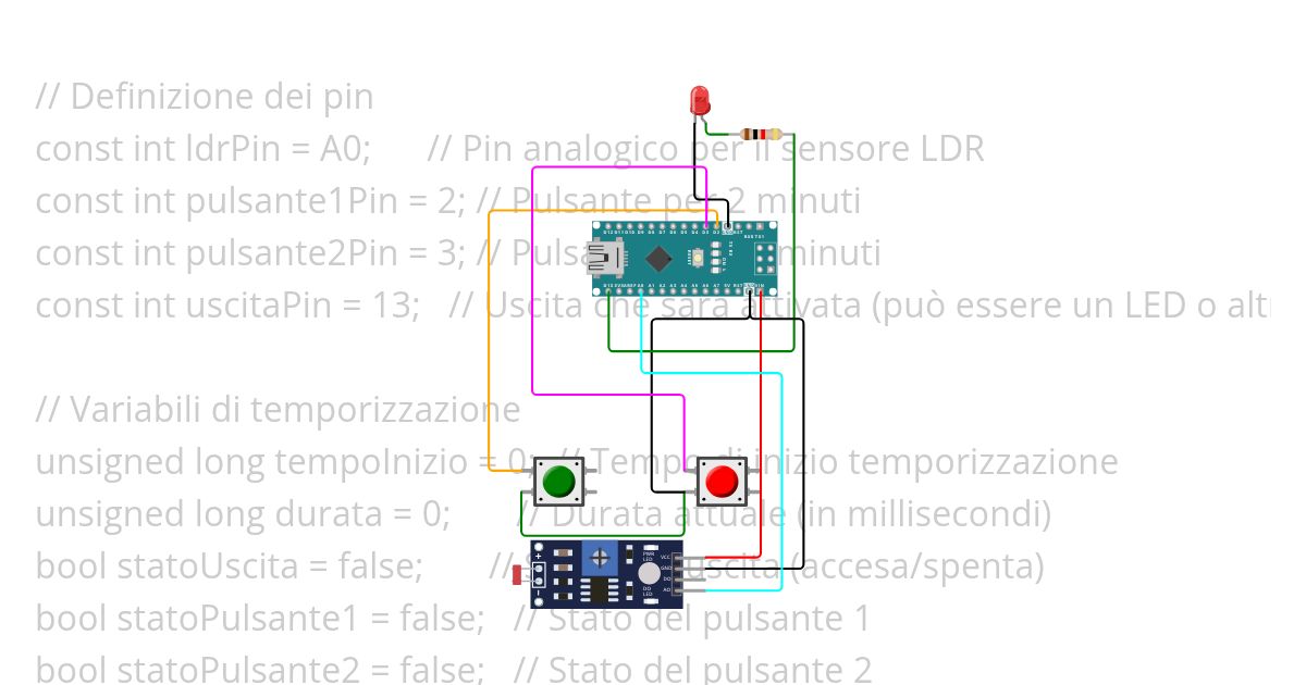 Temporizzatore garage con due pulsanti per due temporizzazioni diverse con ldr simulation