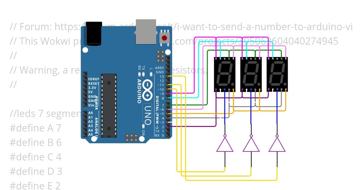 I want to send a number to arduino via serial communication and display it on 3 7segment display Copy simulation