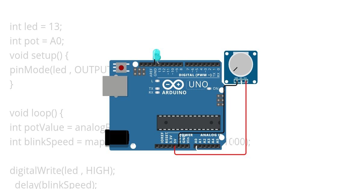An Arduino program to Change the Blinking speed of led using the "POTENTIOMETER". simulation