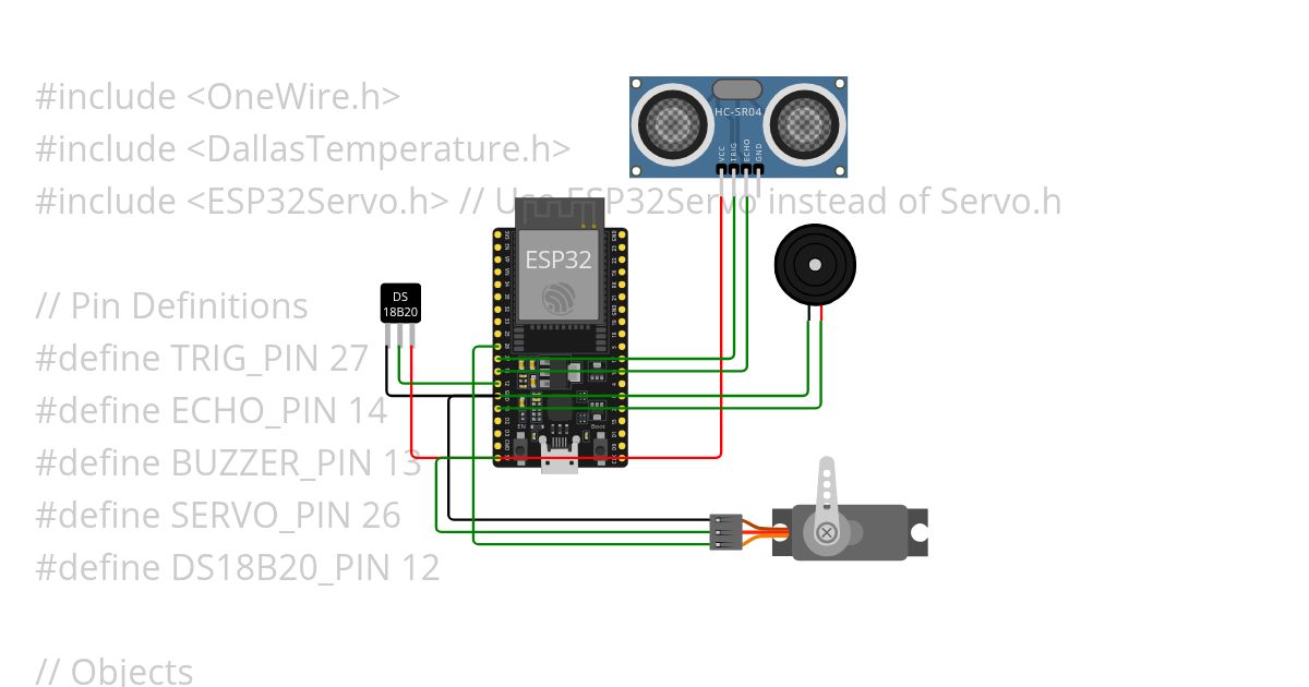 connect esp32 with temperature sensor ,buzzer,servo motor,ultrasonic sensor simulation