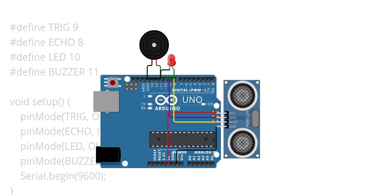 Write a Arduino program to interface the HC-SR04 ultrasonic sensor, an LED at pin 10, and a buzzer at pin 11. If the distance is less than 15 cm, the LED and buzzer will blink. The measured distance will be displayed on the Serial Monitor. simulation