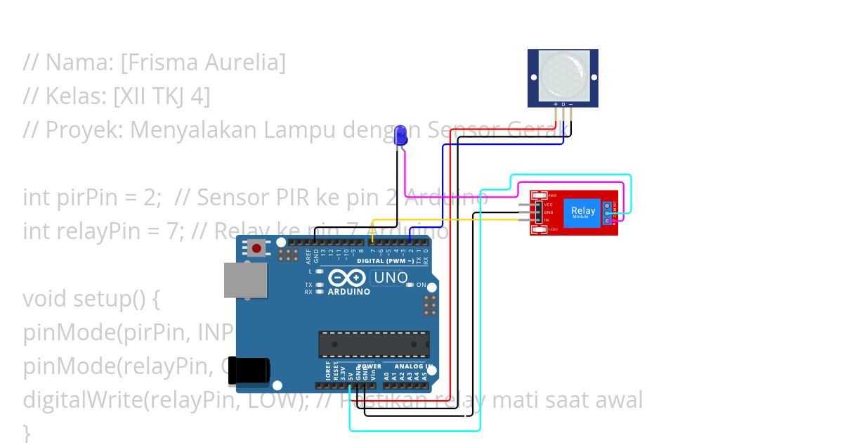 Menyalakan lampu menggunakan sensor gerak dan relay simulation