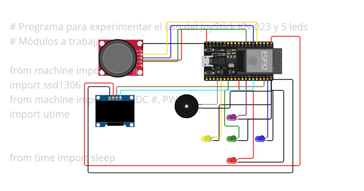ESP32, Joystick KN-023 y 5 leds y Pantalla OLED SSD1306 simulation