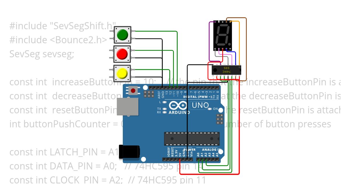 Button Resistor 7-segment 74HC595 Bounce3 simulation