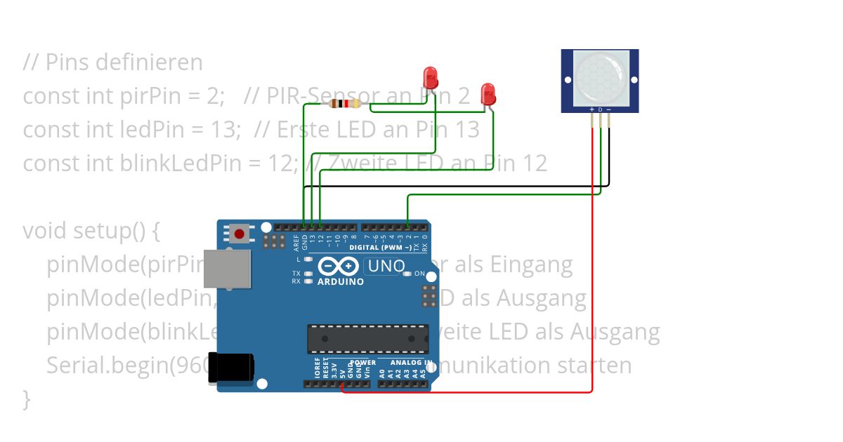 PIR-Sensor mit LED-Blinken(Abwechselt)  simulation
