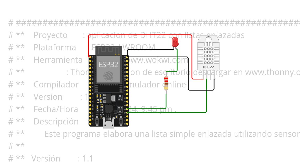 304 sensor temperatura DHT22 y lista enlazada simulation