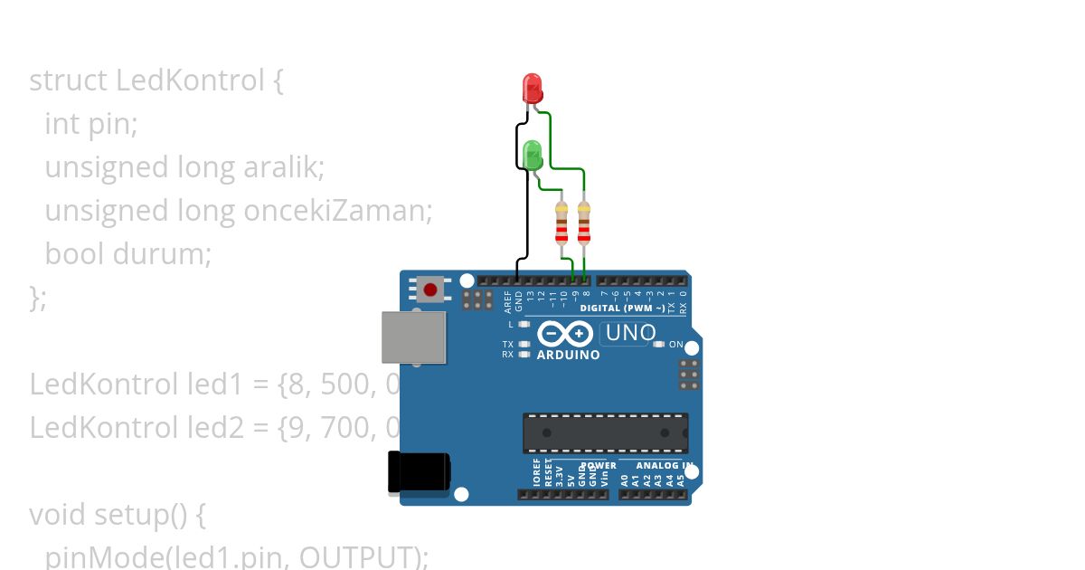 2 LED Kontrolü (Asenkron Yanıp Sönme) simulation
