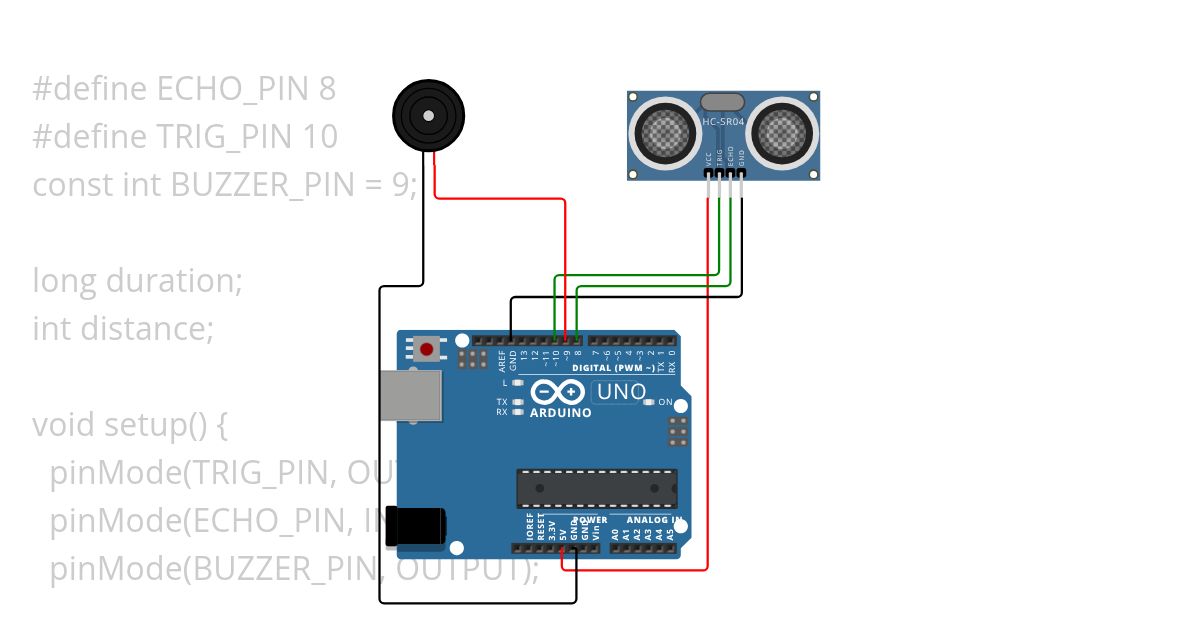 Ultrasonic Sensor with Buzzer Alarm System simulation