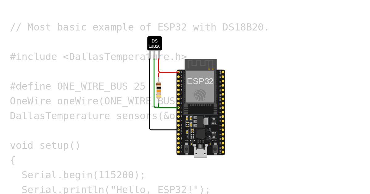 Most basic example of ESP32 with DS18B20. simulation