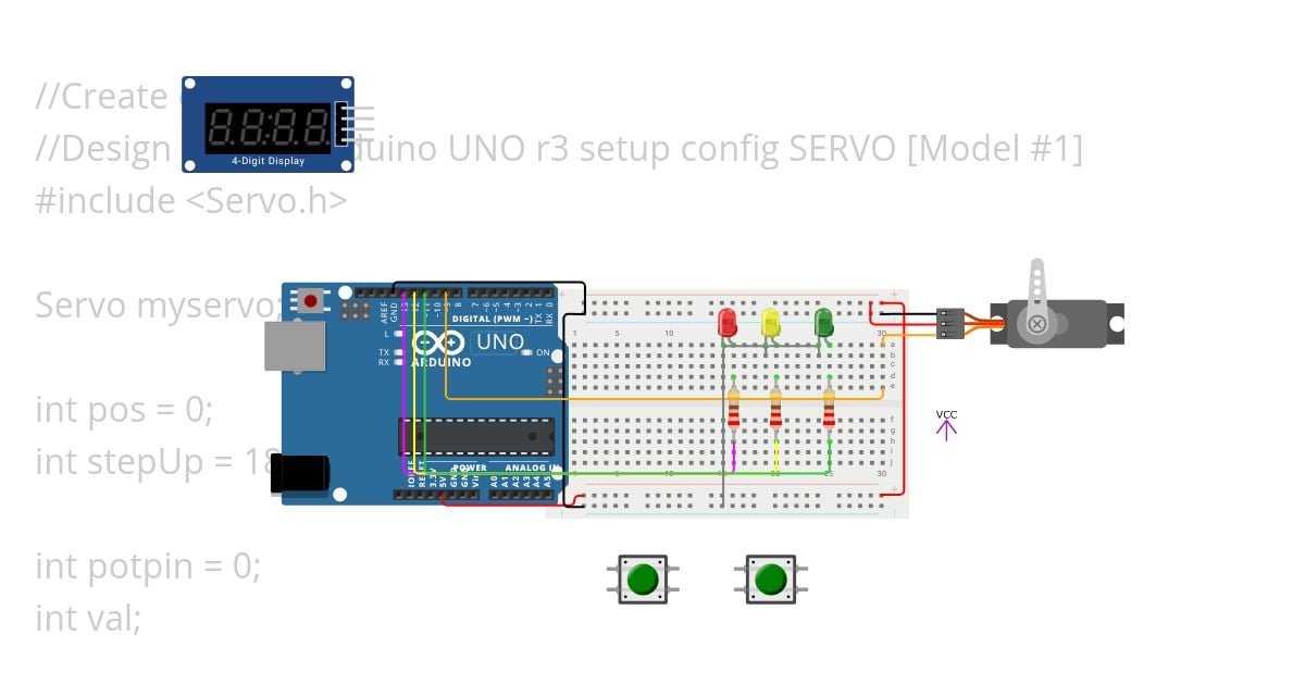 Create code c++ , Design control Arduino UNO r3  setup config SERVO [Model #1] simulation