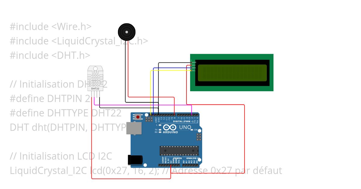 DHT22 + LCD I2C +Buzzer   simulation