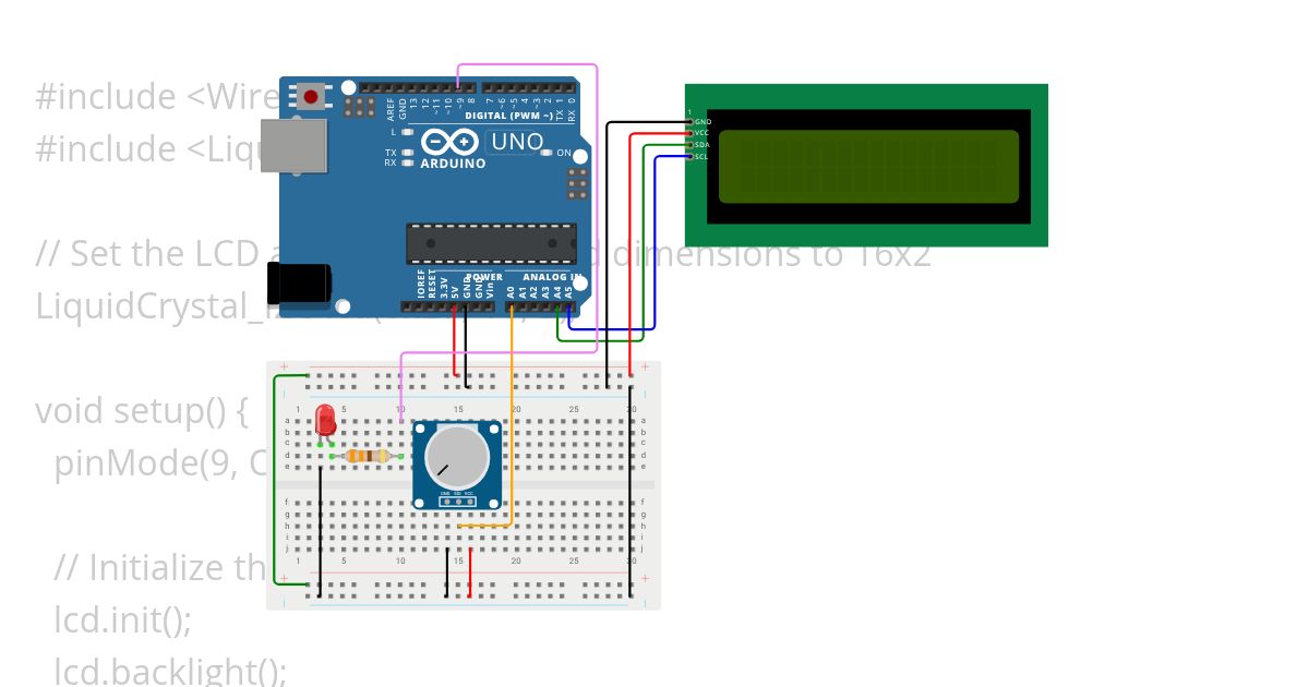 Brightness Control using Potentiometer and I2C LCD simulation