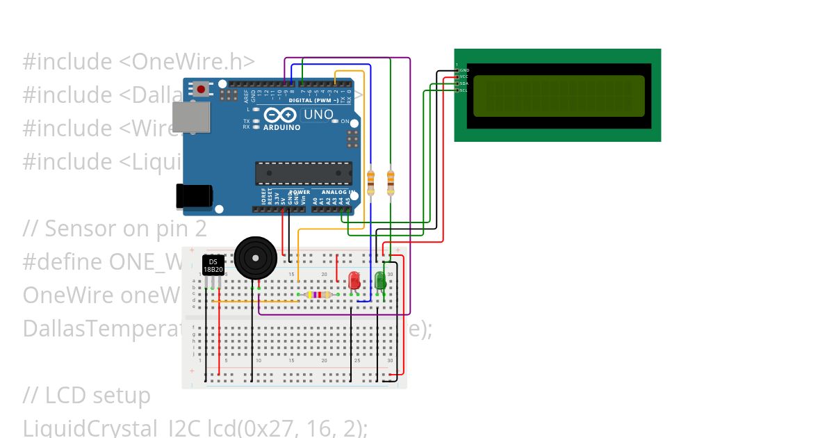 Temperature Monitor with LCD and Buzzer Alert simulation