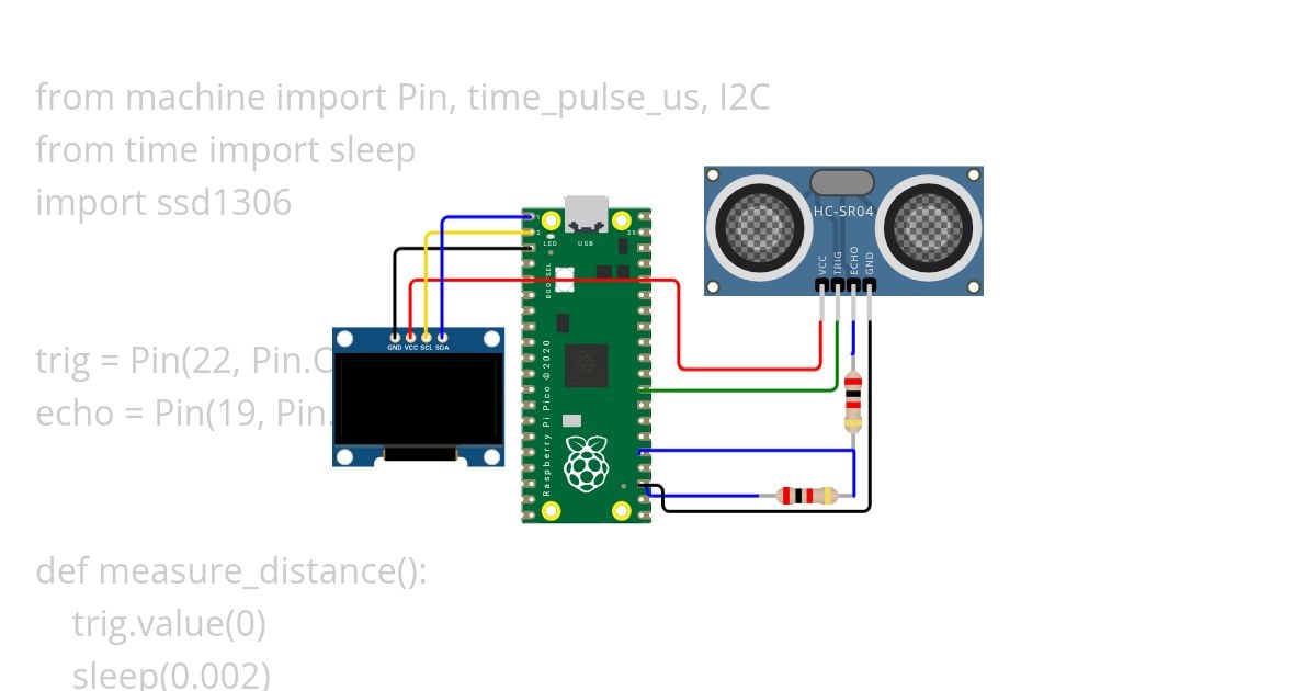 Displaying the value of Ultrasonic Sensor on OLED with Raspberry Pi Pico simulation