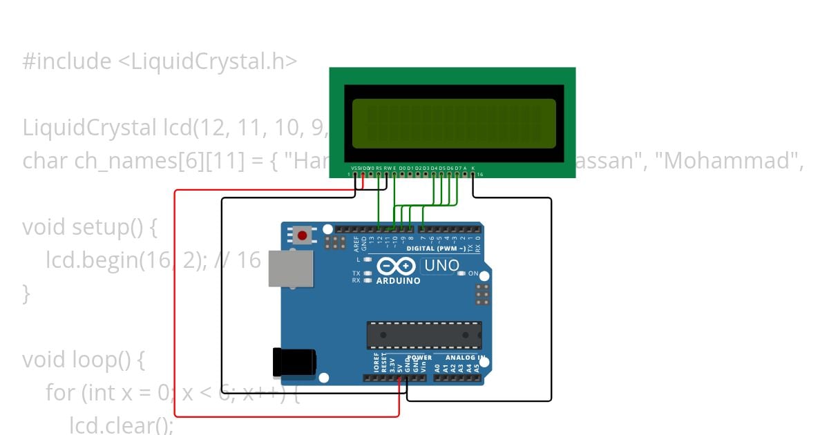 Display the names of a list on an LCD using Arduino Uno microcontroller. simulation