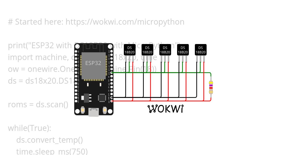 Example for Discord channel: ESP32 running MicroPython with multiple DS18B20 sensors. simulation