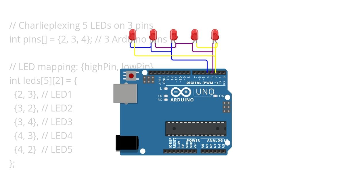 3 Arduino pins with Charlieplexing. simulation