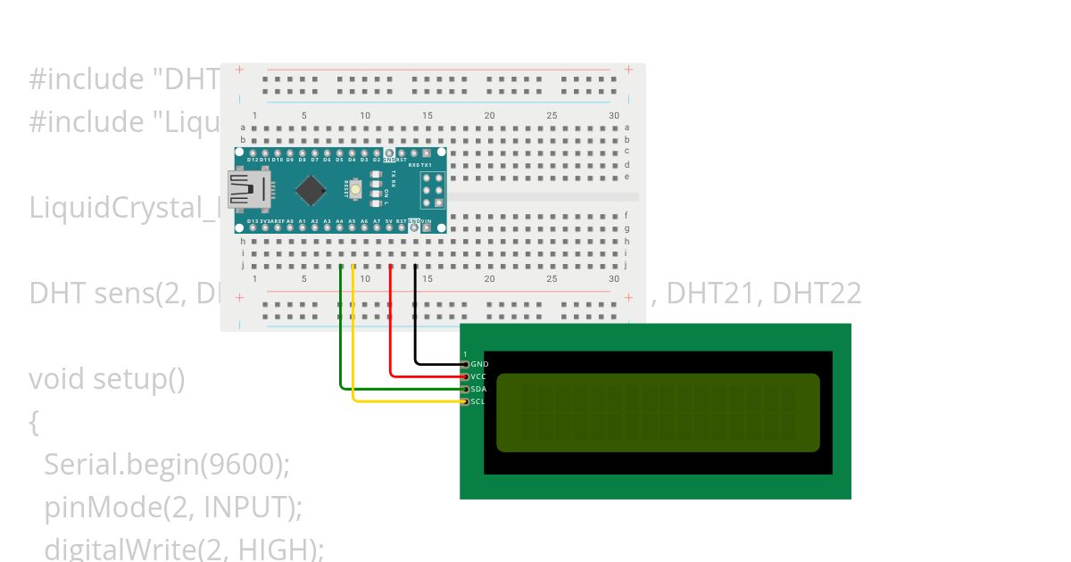 dht11 with 16x2 I2C LCD simulation