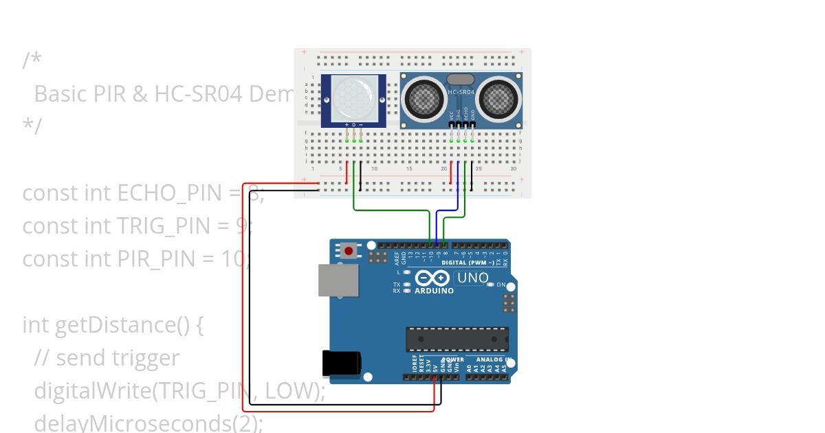Basic PIR & HC-SR04 Demo simulation
