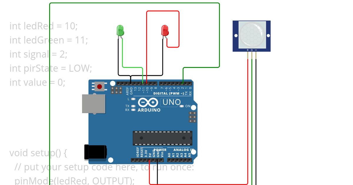 Motion sensor + 2 LEDs (green and red) simulation