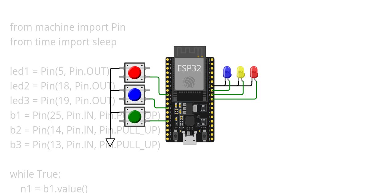 ESP32 3 Buttons and 3 LEDs v2 simulation