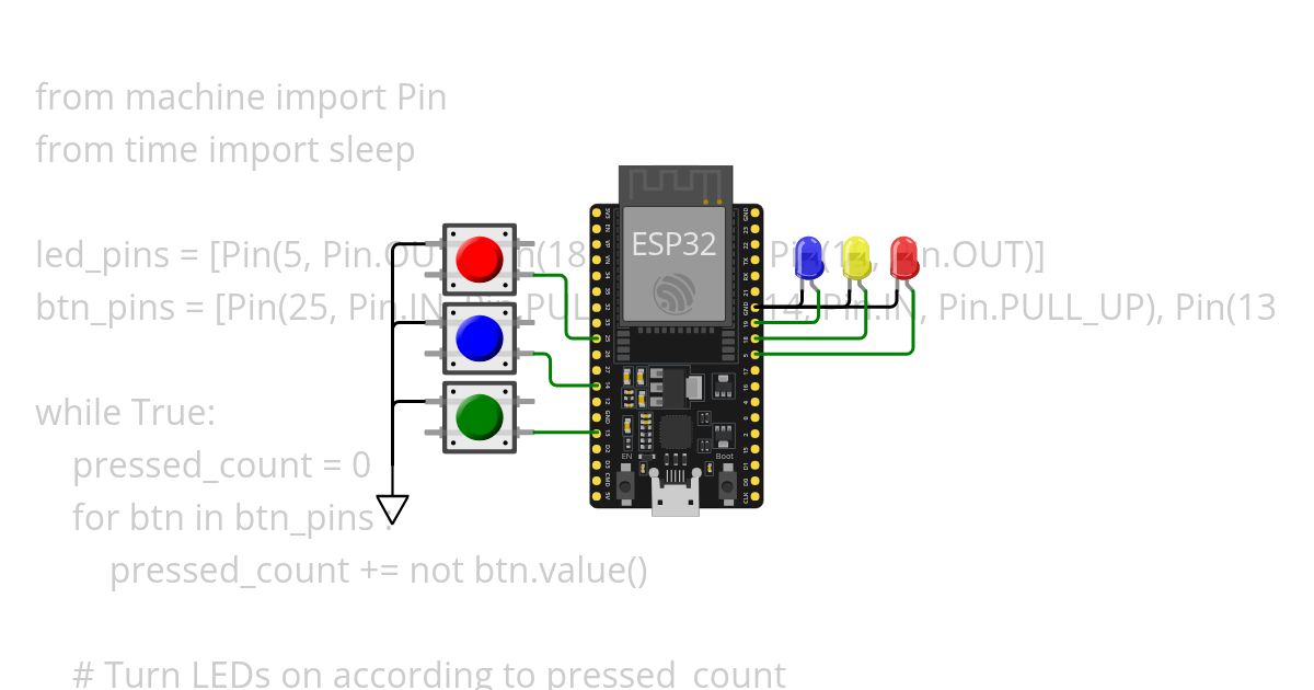 ESP32 3 Buttons and 3 LEDs v3 simulation
