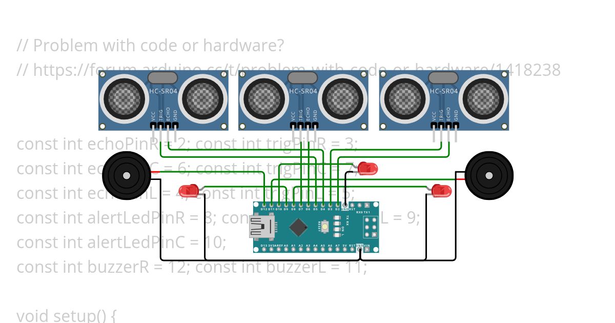 Three HC04 with LEDs and Buzzers V1  simulation