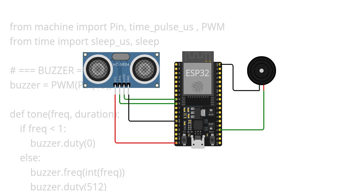 ESP32 HC-SR04 + Buzzer v2 simulation